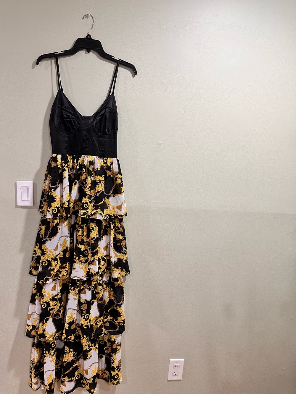 Black and Gold Tiered Maxi Dress with Baroque Print